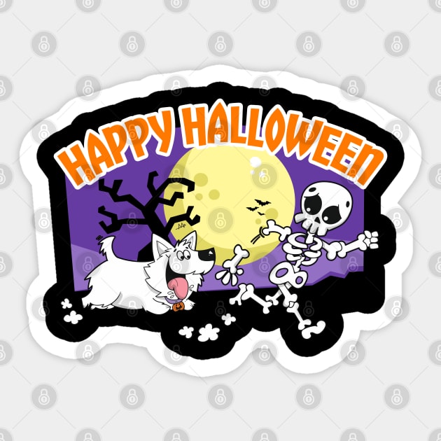 Halloween westie chasing bones Sticker by Teeject